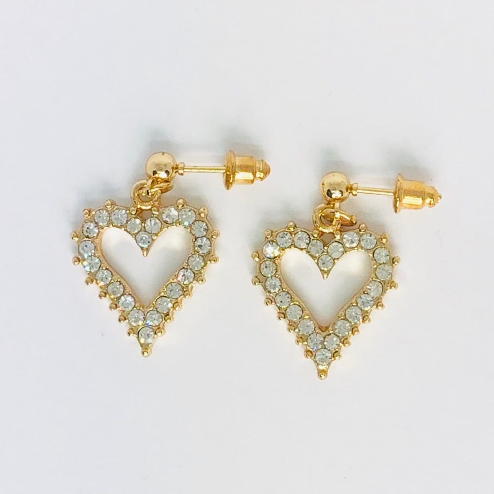 New! Rhinestones Heart Dangle Earrings Gold